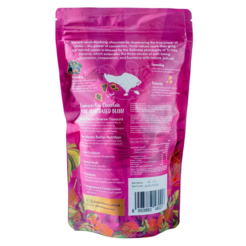 Packet of goji berry and pumpkin seed flavoured Raw Cacao Rice Crispies. Back view on a white background.