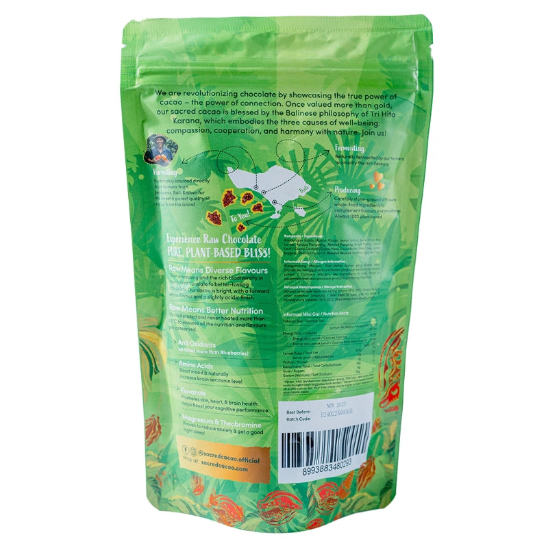 Packet of green banana and coconut flavoured Raw Cacao Rice Crispies. Back view on a white background.