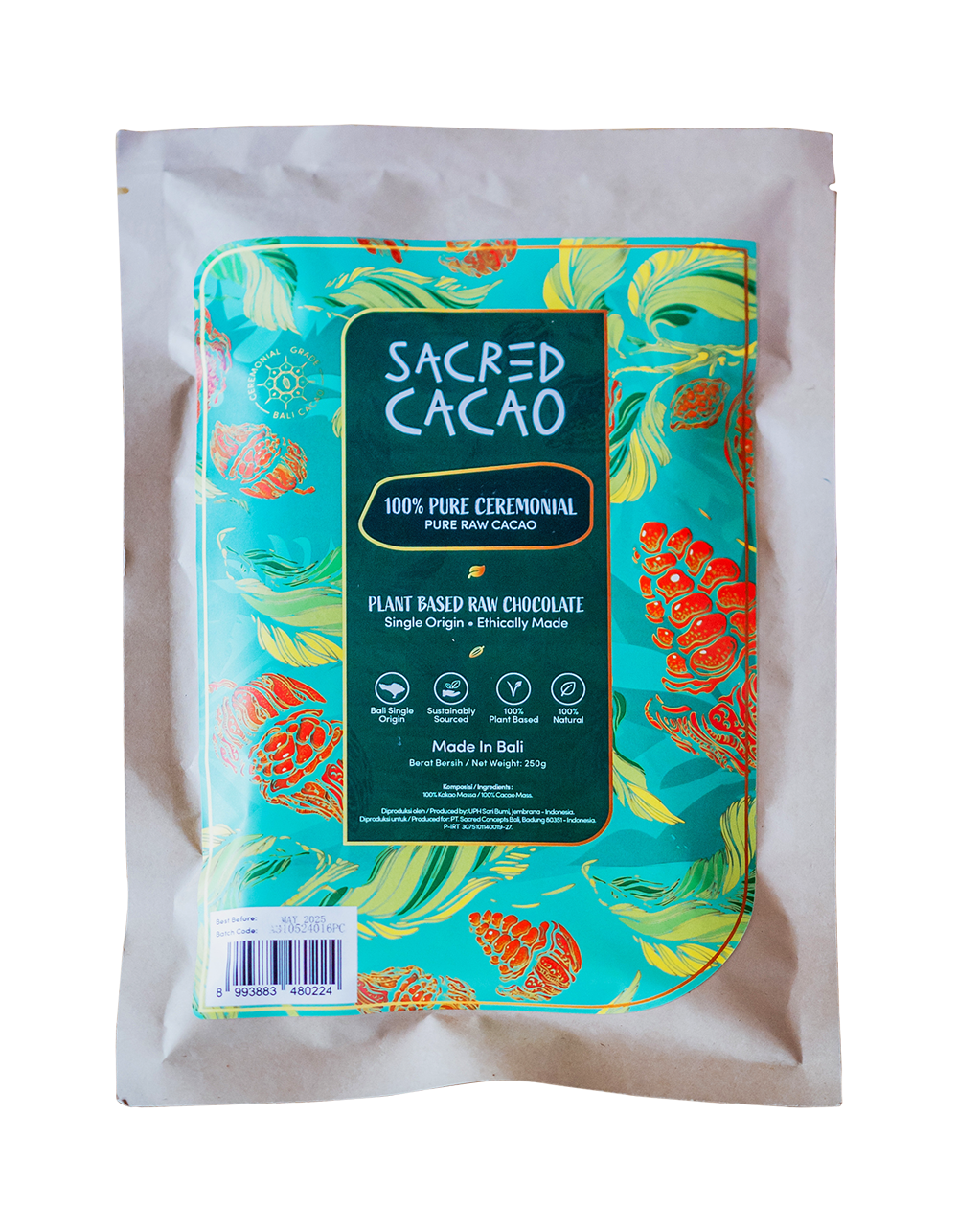 Packet of 100% pure ceremonial cacao chocolate.