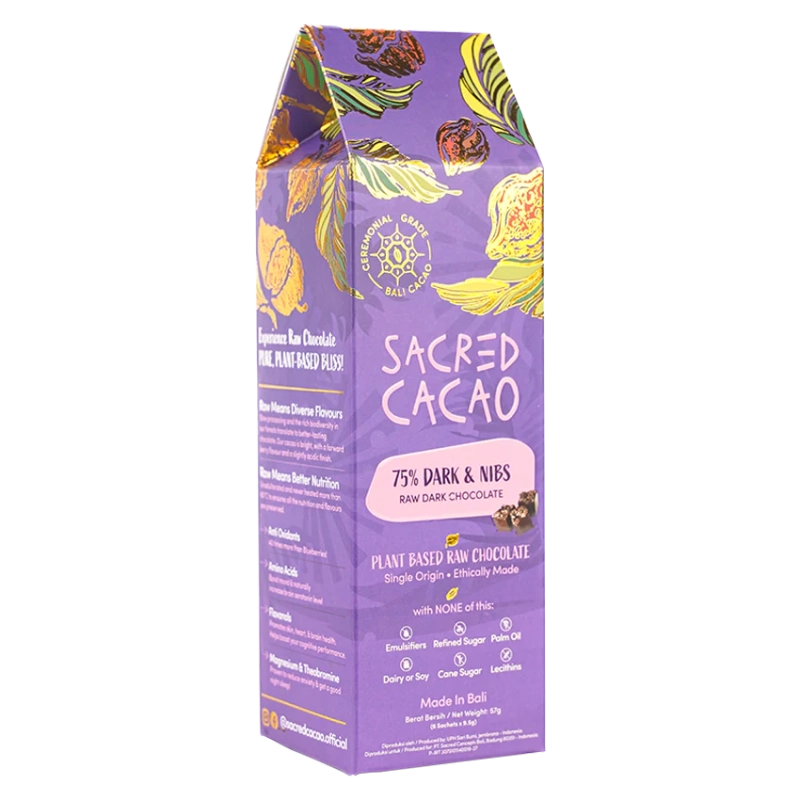 Carton of 75% dark and nibs cacao chocolate.