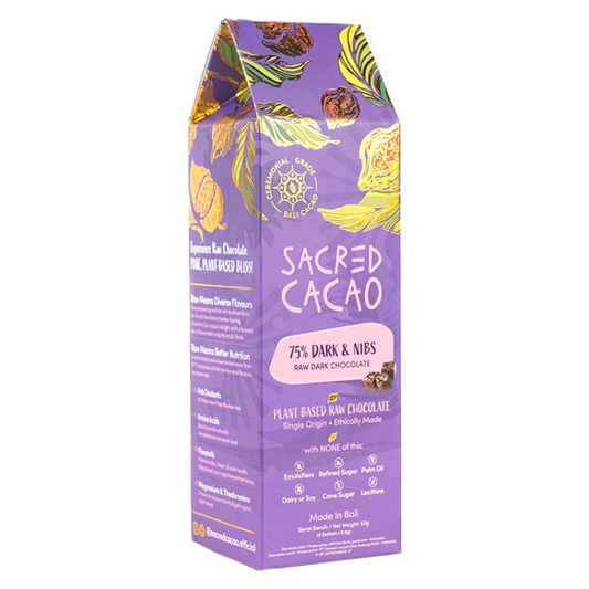 Carton of 75% dark and nibs cacao chocolate.