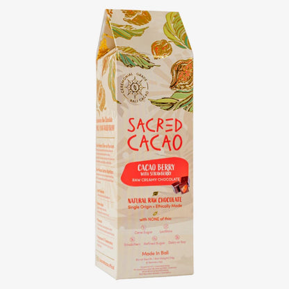 Carton of cacao berry and strawberry chocolate on a white background.