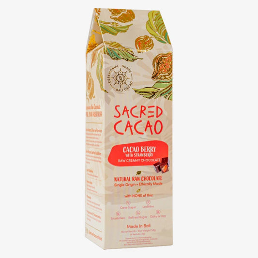 Carton of cacao berry and strawberry chocolate on a white background.