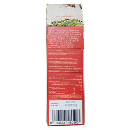 Carton of cacao berry and strawberry chocolate on a white background. Back view.