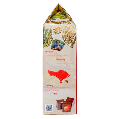 Carton of cacao berry and strawberry chocolate on a white background. Right side view.