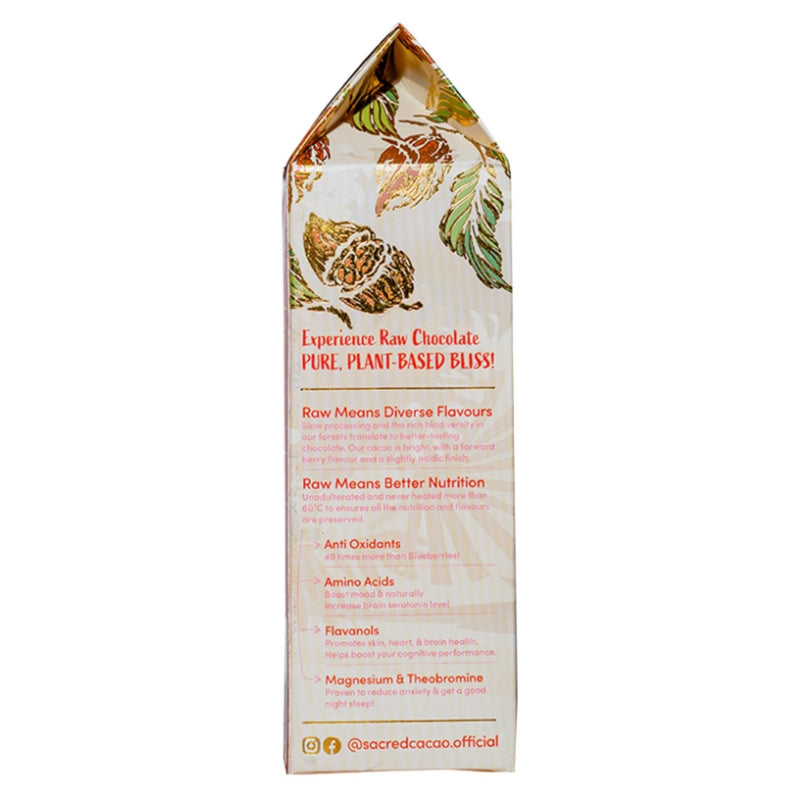 Carton of cacao berry and strawberry chocolate on a white background. Left side view.