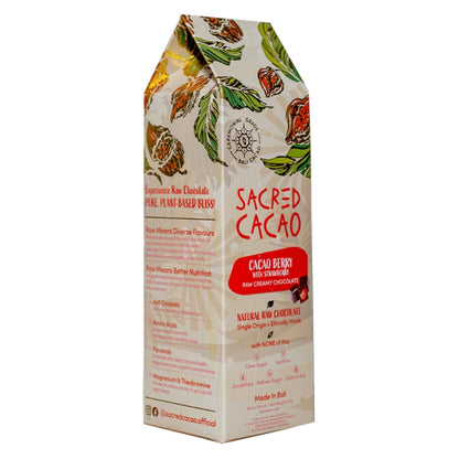 Carton of cacao berry and strawberry chocolate on a white background. Angle view.