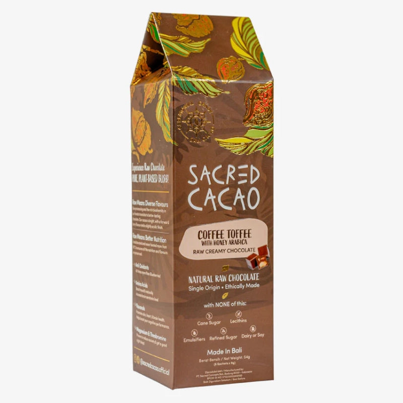 Carton of Sacred Cacao coffee toffee chocolate on a white background.