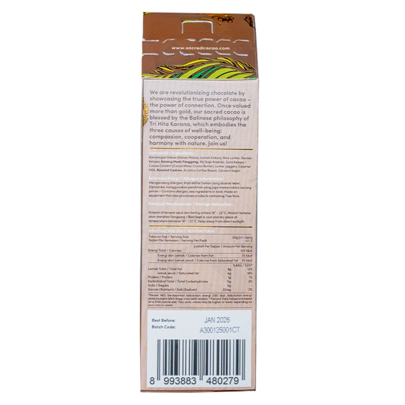 Carton of Sacred Cacao coffee toffee chocolate on a white background. Back view.