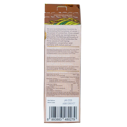 Carton of Sacred Cacao coffee toffee chocolate on a white background. Back view.