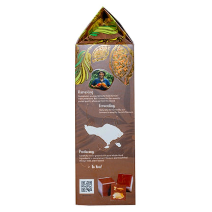 Carton of Sacred Cacao coffee toffee chocolate on a white background. Right side view.