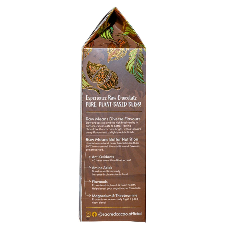Carton of Sacred Cacao coffee toffee chocolate on a white background. Left side view.