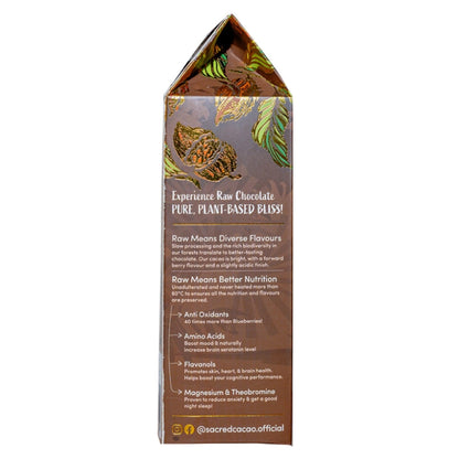Carton of Sacred Cacao coffee toffee chocolate on a white background. Left side view.