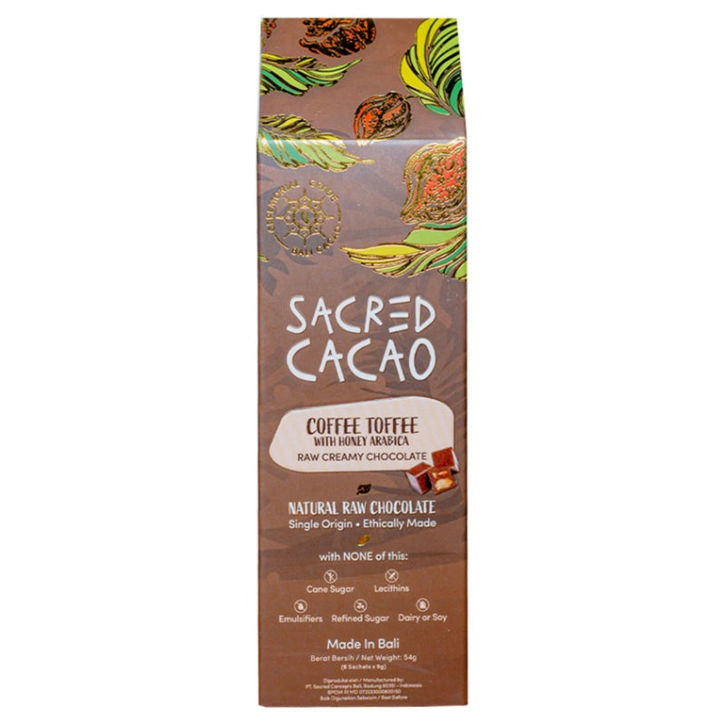 Carton of Sacred Cacao coffee toffee chocolate on a white background. Front view.