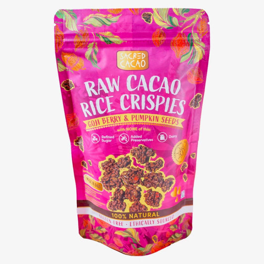 Packet of goji berry and pumpkin seed flavoured Raw Cacao Rice Crispies. Front view on a white background.