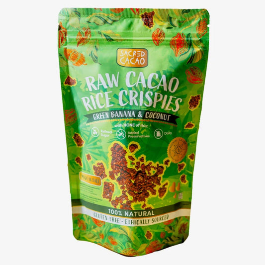 Packet of green banana and coconut flavoured Raw Cacao Rice Crispies. Front view on a white background.