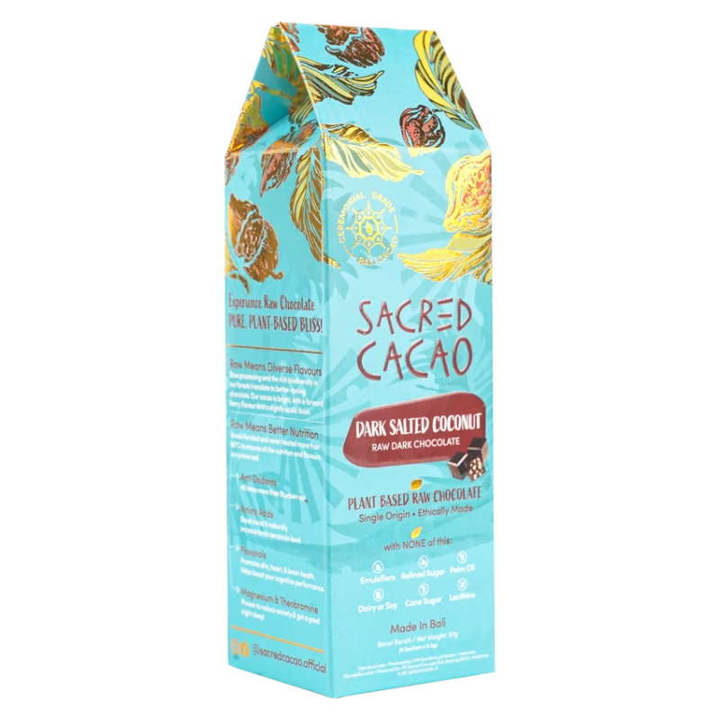 Carton of dark salted coconut cacao chocolate.