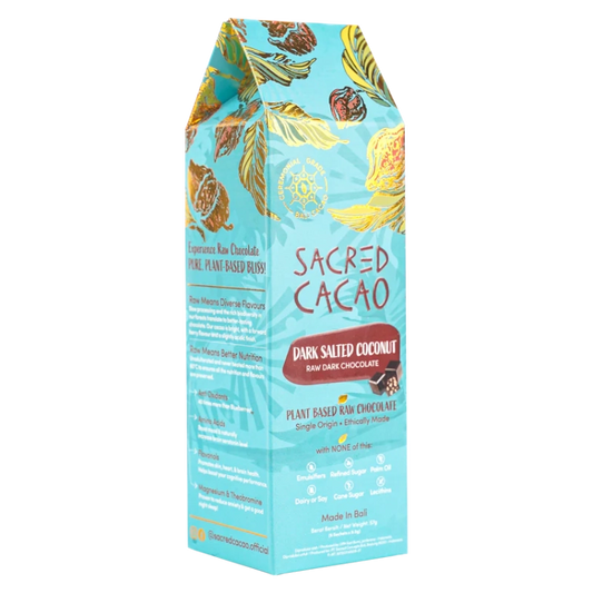 Carton of dark salted coconut cacao chocolate.