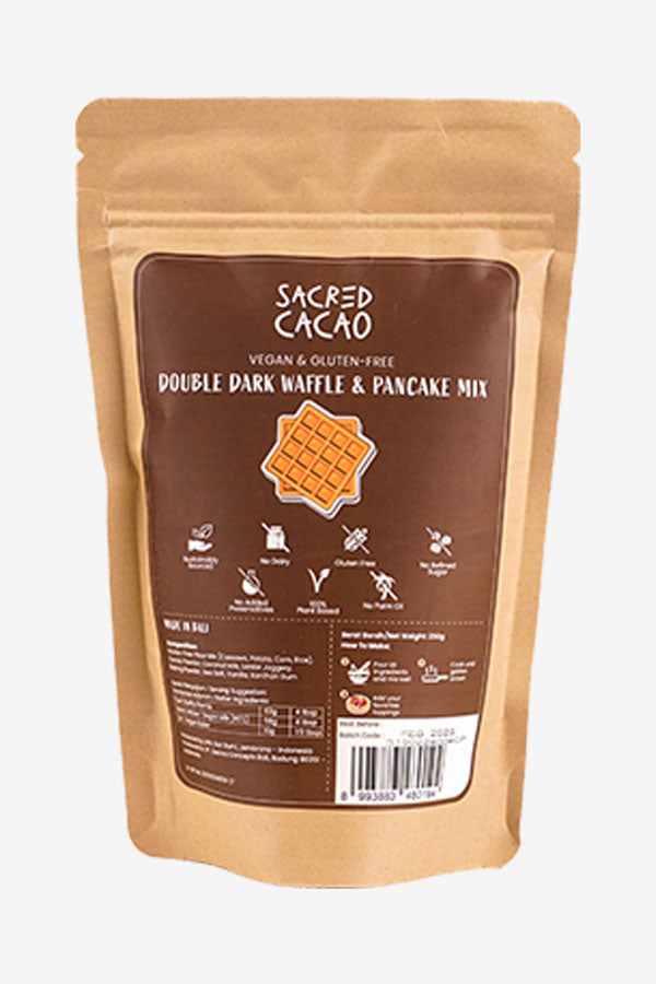 Sacred Cacao Double Dark Waffle & Pancake Mix packaging on a white background
