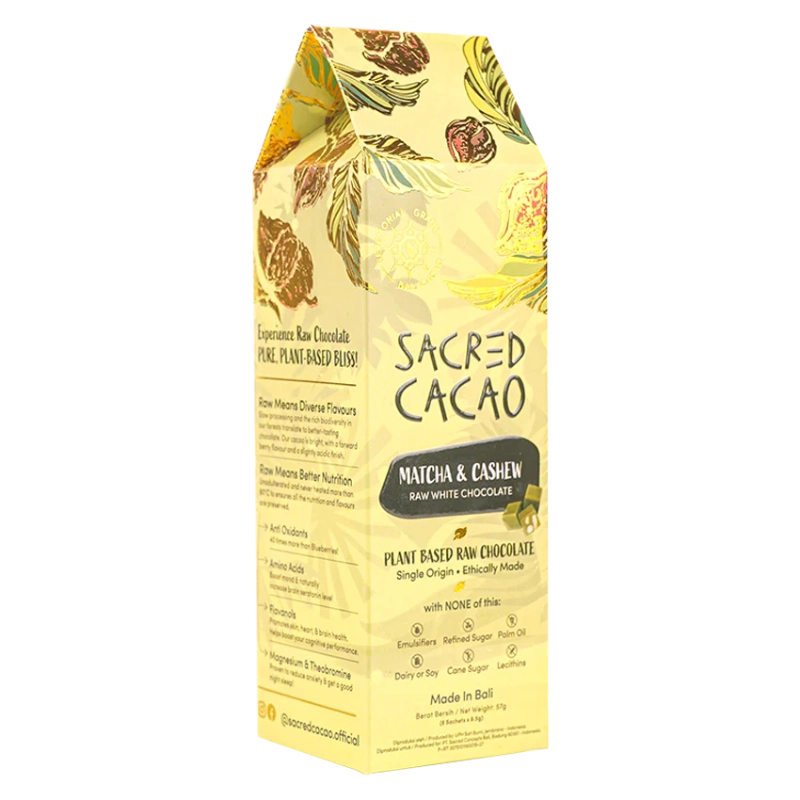 Carton of matcha & cashew cacao chocolate.