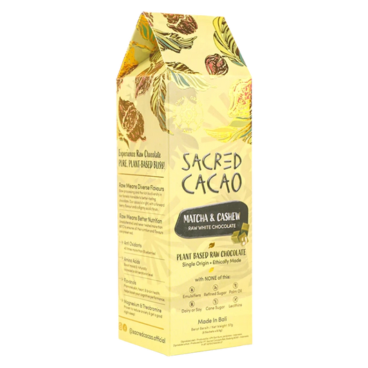 Carton of matcha & cashew cacao chocolate.