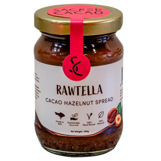 Jar of Rawtella cacao hazelnut spread.