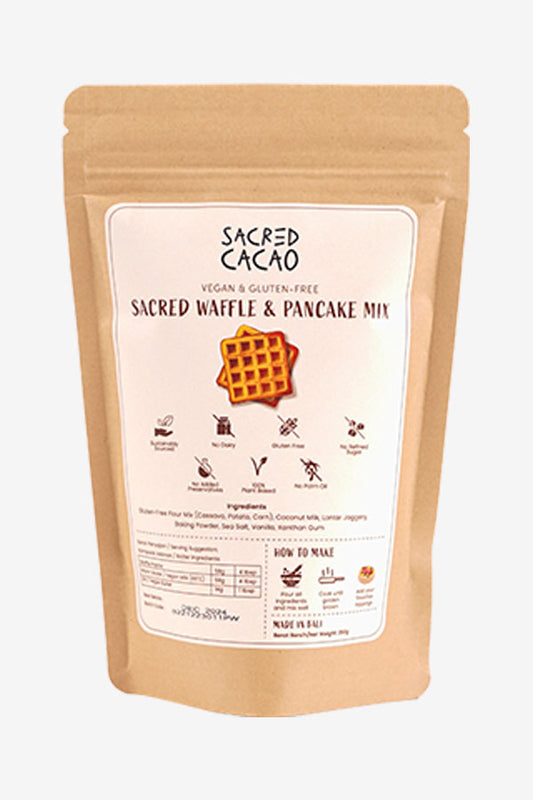 Sacred Cacao waffle and pancake mix package on a white background