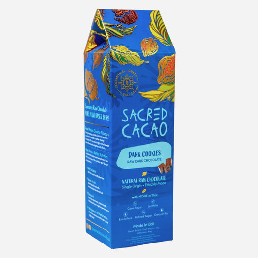 Carton of Sacred Cacao Dark Cookies chocolate on a white background. Angle view.